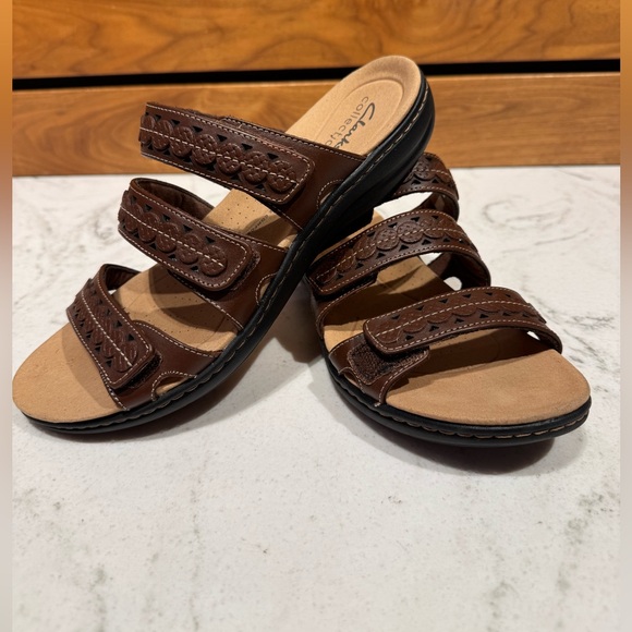 Clarks Shoes - Comfortable Brown Slip-On Clarks Sandals with Adjustable Straps